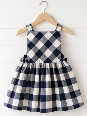 NWT Thimble Midnight Gingham Pinafore Dress 12-18M Navy Cream Boutique USA